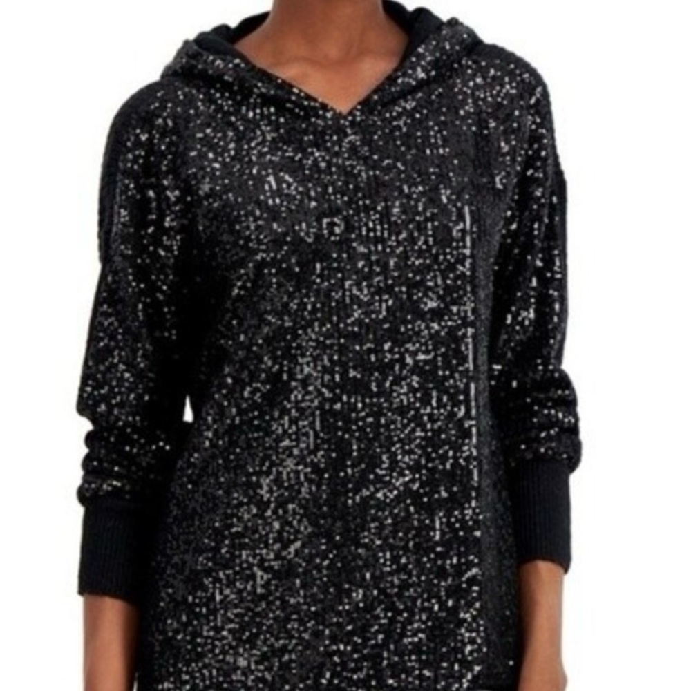 INC SEQUIN HOODED SWEATER BLACK SZ MEDIUM